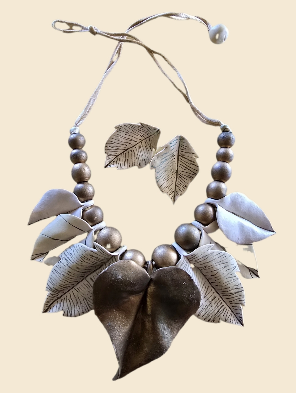 Elegant Edgy Wearable Art Hand Made Botanical Clay Leaf Statement Necklace Set